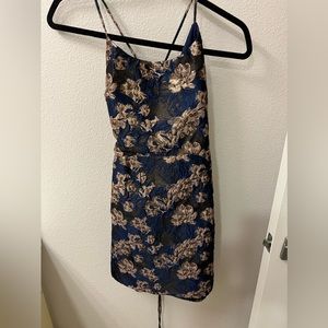 Lulus Simply Spectacular Black Floral Jacquard Lace-Up Mini Dress in Blue